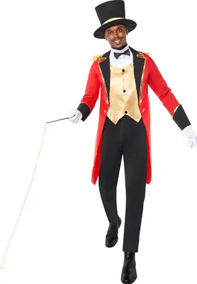 A man in a circus director costume holding a whip.