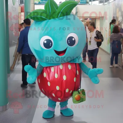 Produktbild von Türkiser REDBROKOLY Erdbeer Maskottchen Kostüm charakter bekleidet mit Röhrenjeans und Geldbörsen