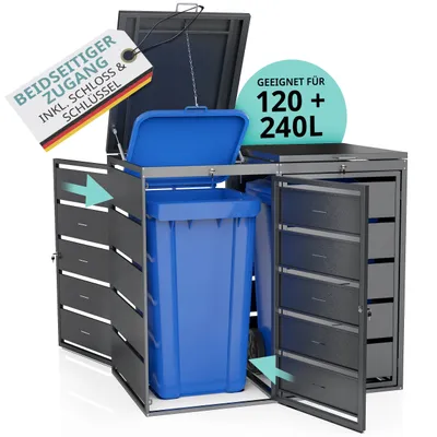 Produktbild von Mülltonnenbox Metall verzinkt 2x240L / 2x 120l Deckel abschließbar 4 Türen mit Schloss Mülltonnenschrank Anthrazit RAL 7016 wetterfest