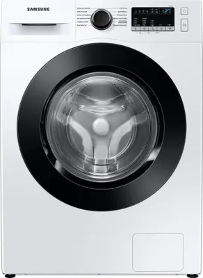 A front view of a white Samsung washing machine with a black door rim.
