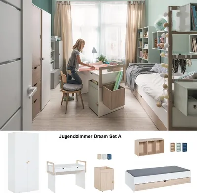 Produktbild von Jugendzimmer Kinderzimmer komplett DREAM Set A Schrank Schreibtisch Bett Regal