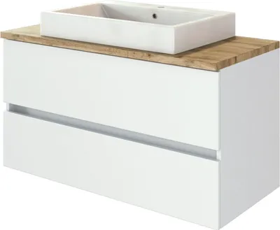 Produktbild von Waschtisch-Unterschrank 100 cm inkl. Keramik-Aufsatzbecken PESARO-03 in matt weiß mit Absetzung in Wotaneiche Nb., B/H/T: ca. 100/63/48 cm