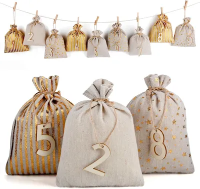 Produktbild von DIY-Geschenktüten für Festivals – Große Adventskalender-Tüten – Zahlenkärtchen 1-24 – Jutebeutel – Adventskalender – Tüten mit Glitzerdruck
