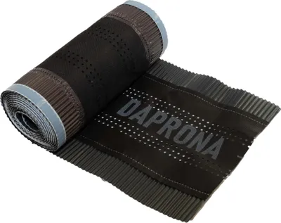 A roll of black roofing material with gray text and perforations, laid out on a white background.