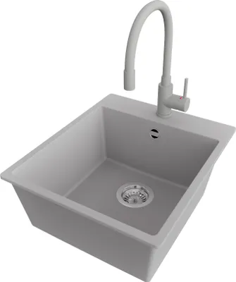 Produktbild von PRIMAGRAN Granitspüle Grau 43x50cm, Spülbecken 1 Becken + Küchenarmatur 38x14cm + Ablauf-Set, Küchenspüle ab 45er Unterschrank - Riga