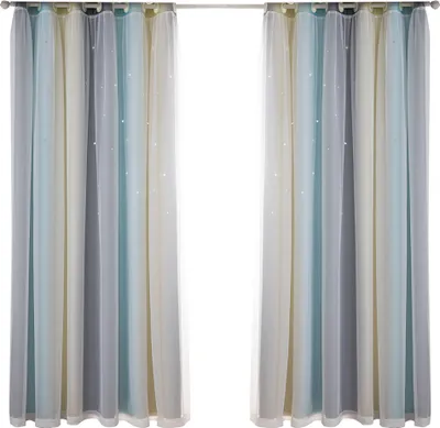Two curtains hanging on a curtain rod, with a white background.
