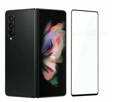 A black Samsung Galaxy Z Fold 5 phone is shown folded, next to a clear screen protector.
