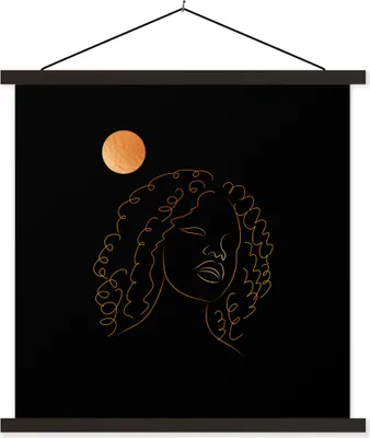 Produktbild von MuchoWow® Textilposter Frau - Mond - Strichzeichnung - Gold 60x60 cm mit schwarzem Rahmen - Posteraufhänger