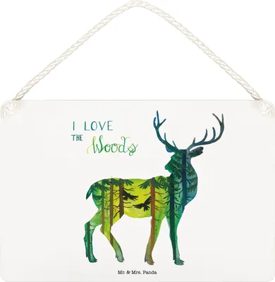 Produktbild von Mr. & Mrs. Panda Schild Hirsch I love the woods DIN A4 - Geschenk, Holzschild, Wandbild Holz, holzbild, wandhänger, Dekoration, Wald, Türschild
