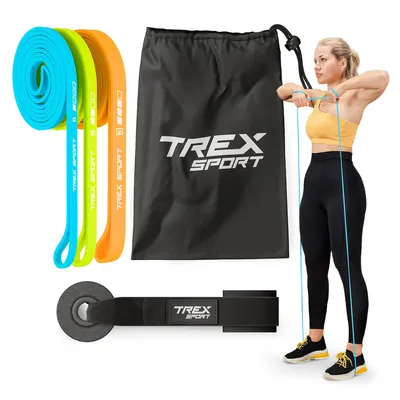 Produktbild von TREX SPORT Gymnastikband 3 Stück Set TX-003PBV Widerstandsband | Klimmzugband, Fitnessband 100% Latex, 2-30 kg, mit Türanker | Resistance Band Neon