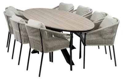Produktbild von 9-teiliges Garten-Set | 8 Elvira Gartenstühle (Schwarz) | 280 cm ovaler Limasol-Gartentisch (Wood)