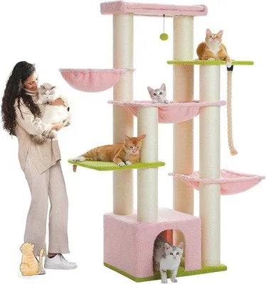 Produktbild von Famanu Katzenbaum für große Katzen mit mehreren Ebenen und Hängematten - Robuste Kratzsäule mit 11 Kratzsäulen