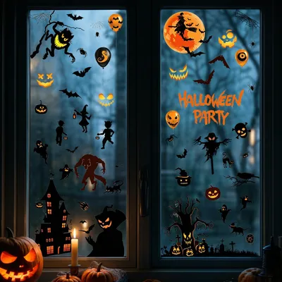 Obrázok produktu pre Raamstickers na Halloween – 9 listov opakovateľnej fólie – motívy vlka, strašidla, pavúka, tekvice, lebky a ďalšie dekorácie