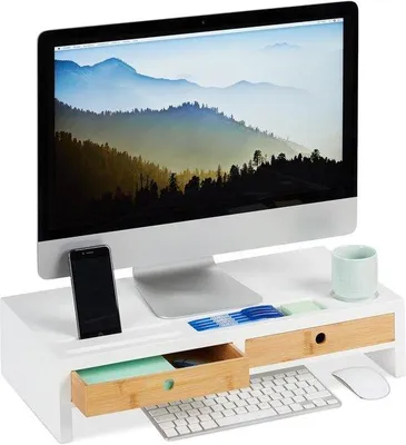 Produktbild von Famanu Monitorständer mit Aufbewahrungsschubladen - Monitorerhöhung - mit Platz für Tastatur - Bambus & Weiß/Natur