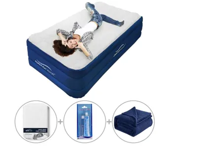 Image de Matelas gonflable AeroRest pour 1 personne | 210 x 99 x 51 cm | Topper amovible | Inclus housse de protection assortie + kit de réparation + couverture en polaire
