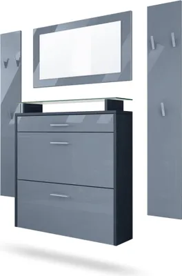 Produktbild von Vladon Garderobe Malea, Garderobenset bestehend aus 1 Hängeschuhschrank, 1 Wandspiegel und 2 Garderobenpaneele, Anthrazit matt/Grau Hochglanz