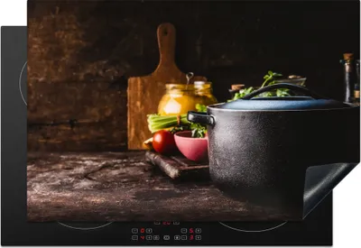 Produktbild von KitchenYeah© Herdabdeckplatte Rustikal - Stilleben - Pfanne - Gemüse , 76x51cm, Küche Deko, Glaskeramikkochfeld Herdabdeckung, Abdeckplatte fùr Kochfeld