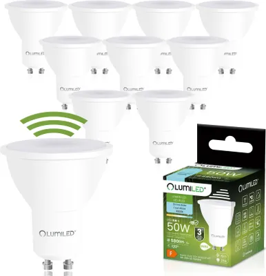 Obrázek produktu pro LUMILED GU10 LED žárovka PAR16 s pohybovým senzorem PIR 6 W Nahrazuje 50 W halogenové žárovky 580 lm 6500 K studená bílá 120° úhel vyzařování Balení po 10 kusech Energeticky úsporná Nelze stmívat