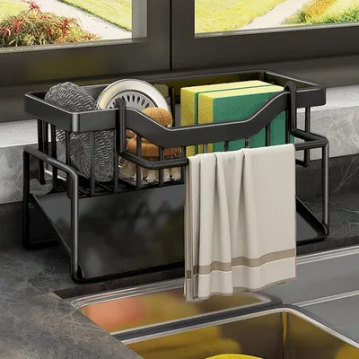 Produktbild von Küchenorganizer mit Schwammhalter - Küchenorganizer mit Geschirrtuchhalter, Metallorganizer mit automatischer Abtropfschale (schwarz)