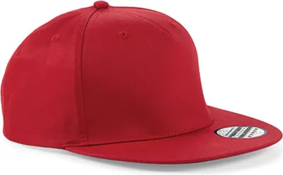 A red snapback cap is shown from a side angle against a white background.