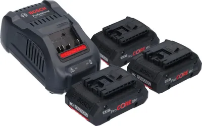 A Bosch battery charger and three ProCore 18V 4Ah batteries are displayed against a white background.