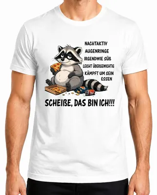 Imagen del producto de Camiseta para hombre, color blanco, talla S. Diseño: "¡Mierda! Soy un mapache. Pizza. Declaración. Sarcasmo. Comida rápida."