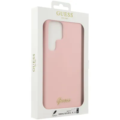 Imagen del producto de Funda Guess Guhcs23Llslmgpp para Samsung Galaxy S23 Ultra, color rosa, de silicona con logo metálico tipo "script"