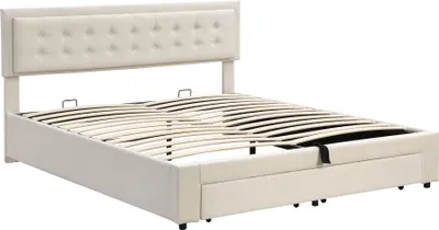 Produktbild von Flieks Polsterbett 180x200cm, Doppelbett mit Schublade, Hydraulisches Boxspringbett mit Lattenrost, Stauraumbett Massivholzbett Samt, Beige