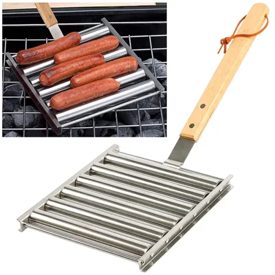 Hot Dog Roller mit langem Holzgriff, 5 Würstchen, Silber