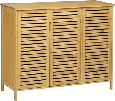 Image de Armoire à chaussures en bambou avec 3 portes ouvertes, idéale pour l'entrée ou le salon