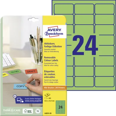 Produktbild von Avery Zweckform L6033-20 Farbige Etiketten, ablösbar, A4, 63,5 x 33,9 mm, 20 Bogen/480 Etiketten, grün