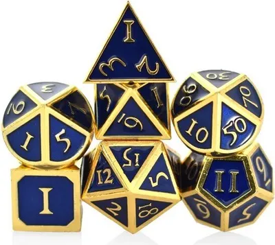 Produktbild von Hilvard - Metall Würfelset, Blau und Gold , D&D Würfelset, DnD Polydice Set, 7-Teilig, polyedrisches Würfel-Set, Inklusive Metallkoffer und Samtbeutel