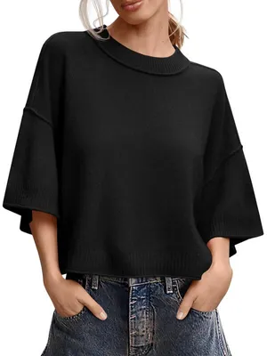 Produktbild von Damen Kurzarmpullover,Sommer,Oversized Cropped Pullover,Lässige Rundhals-Pullover,Leichte Strickoberteile