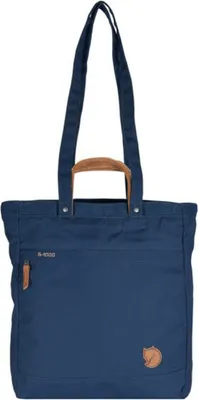 A blue tote bag with brown leather accents and a brand logo.