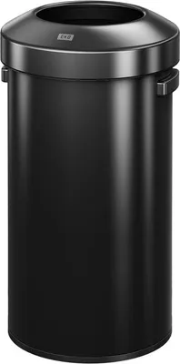 A black cylindrical trash can with a silver lid.