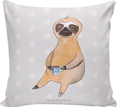 Produktbild von Mr. & Mrs. Panda Zierkissen Faultier Kaffee - Grau Pastell - Geschenk, Kissen 40x40, für sofa, Dekokissen, Coffee, Coffeeaddict, bedruckt, Kuschelkissen, Couchkissen