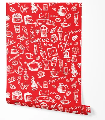 Produktbild von Selbstklebende Tapete Möbelfolie Kaffee Muster Rot Weiß Küche Café Stil Coffee Espresso Design Tapete Küche Wohnzimmer Esszimmer 2,5m x 0,5m