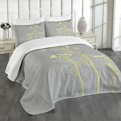 Produktbild von ABAKUHAUS Grau und Gelb Tagesdecke Set, Unter dem Meer inspirierte Blumen-Zusammenfassungs-Wirbels-Hintergrund, 220 x 220 cm, Grau Gelb