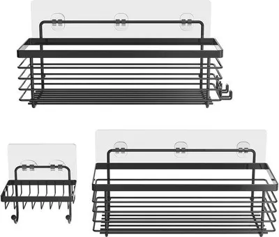 Productafbeelding van Ibenzoa® Zelfklevende doucheplank, 3-delig – Roestvrij staal SUS304, zwart, 2 planken + zeephouder, zonder boren, afneembaar met haken