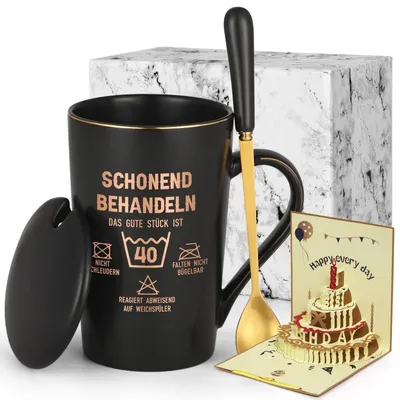 Productafbeelding van Koffiemok, 40e verjaardag, keramiek, zwart, 400 ml, met lepel en deksel, cadeauverpakking