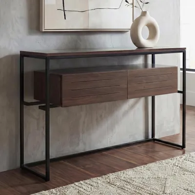 Zdjęcie produktu dla Stolik konsolowy HWC-P46, stolik telefoniczny, stolik pomocniczy, stolik do odkładania, szuflada, metal, MDF, melamina, 80 x 120 x 40 cm ~ brązowy