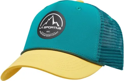 La Sportiva Belayer Kid Cap in türkis und gelb mit markantem Logo.