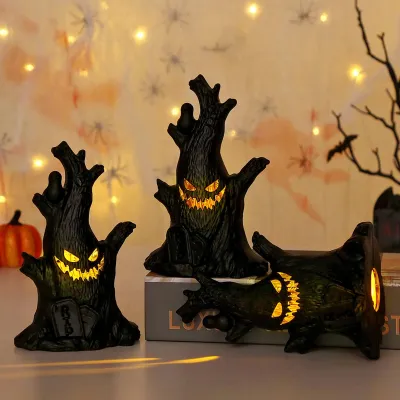Produktbild von Halloween Deko Geister Baumstumpf mit LED Licht, Halloween Geister Baumstumpf Figuren Leuchtende,  LED Geister Baumstumpf Batteriebetriebene, 3 Stück