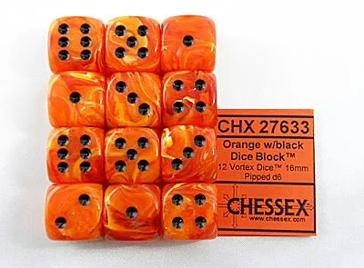 Immagine prodotto di Set di cubi Chessex Vortex arancione/nero D6 da 16 mm (12 pezzi)