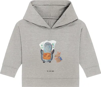 Produktbild von Mr. & Mrs. Panda Organic Baby Hoodie Pinguin & Maus Wanderer 12. - 18. Monat - Heather Grey - Geschenk, Ausflug, Kapuzensweatshirt, Wanderlust, Abenteuer, Kapuzenshirt