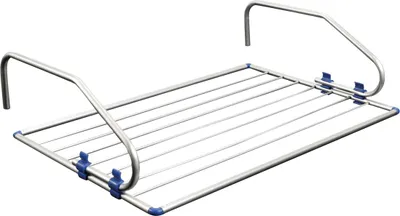 A metal drying rack with blue plastic clips, shown against a white background.