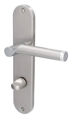 A silver-colored door handle set on a white background.