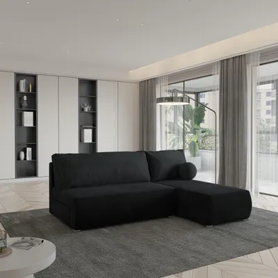 Produktbild von Masseno Ecksofa PARVELO mit Schlaffunktion L-Form, Sofa mit Bettkasten, Wohnzimmersofa, Couch, Soffa, Bettsofa, Couchgarnitur- Schwarz, POSO 135 + KRONOS 07