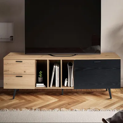 Produktbild von WOHNLING Lowboard Eiche-Nachbildung Schwarz 150x55x40 cm TV-Kommode Modern TV-Schrank Hoch Fernsehtisch Fernsehschrank mit Tür & Schubladen Fernsehkommode