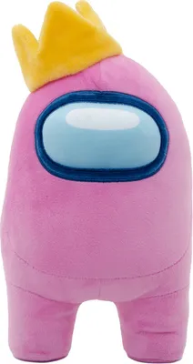 A pink Among Us plush toy wearing a yellow crown, shown from the front.